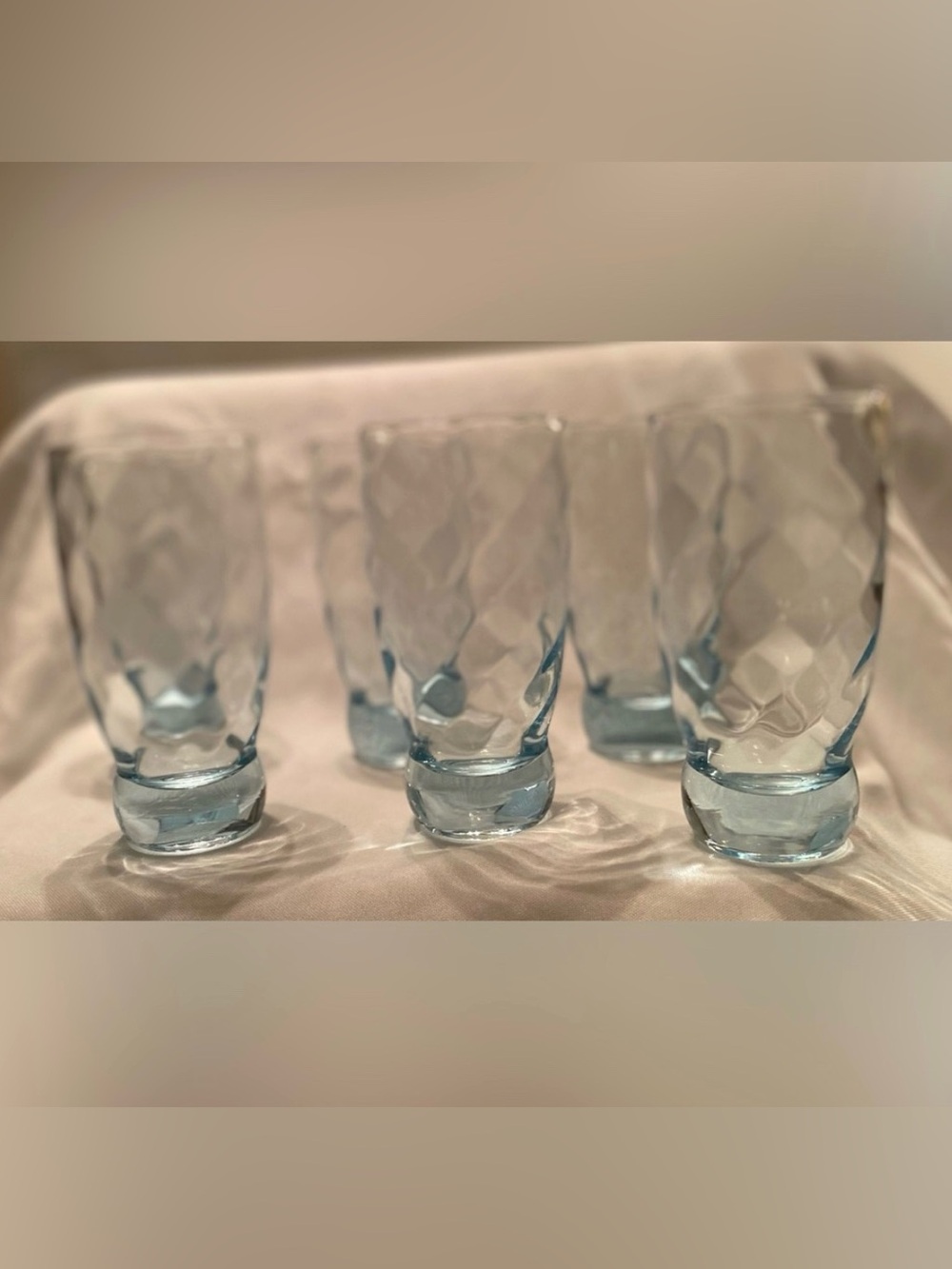 Ice Blue Highball Diagonal Diamond Optic Weighted Barware Glasses Rare Six (6)